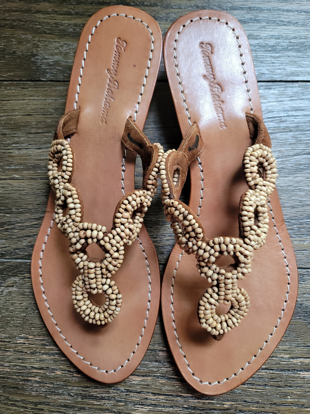 Tommy Bahama Tan Beaded Leather Thong Sandals